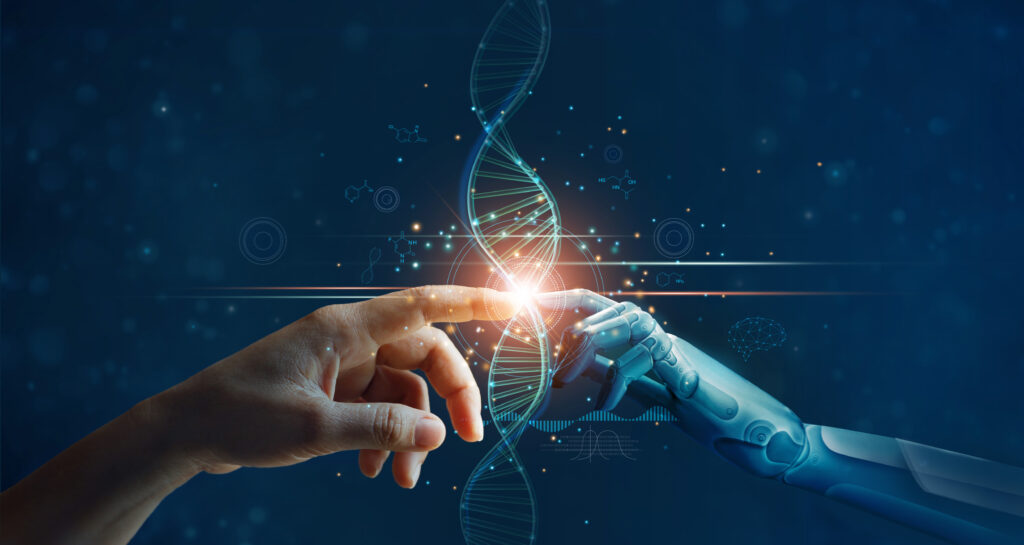 Hands,Of,Robot,And,Human,Touching,On,Dna,Connecting,In